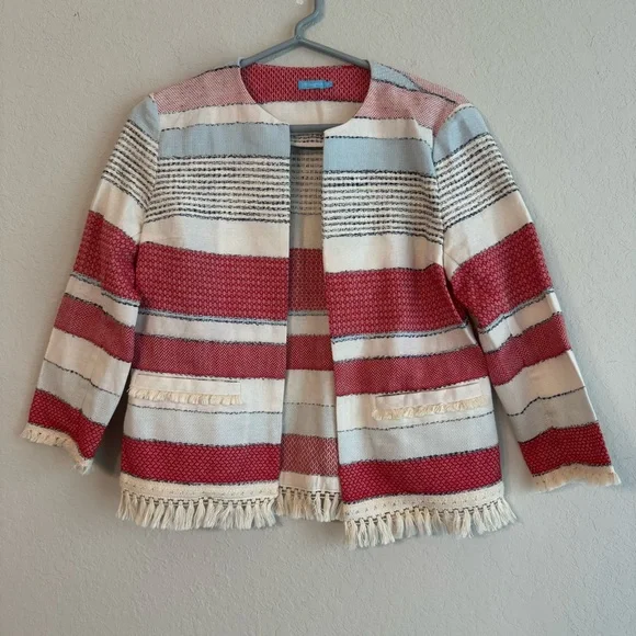 J. McLaughlin Red and Blue Fringe Cardigan Sweater - Picture 2 of 6